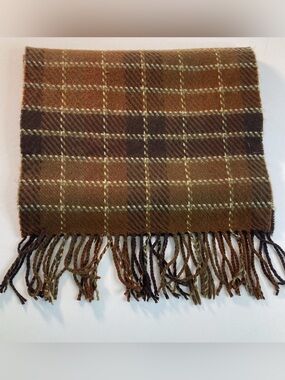 100% Cashmere Scarf With Fringe, Brown Plaid, Made In Scotland